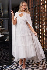 Dorothy Sequin Midi Dress with Cape - White